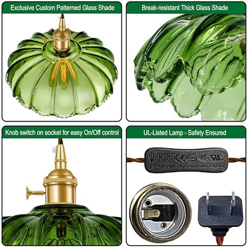 Plug-in Pendant Light Fixture, Hanging Light Fixture, Glass Pendant Light, Swag Lamp with Inline On/Off Switch for Kitchen Island, Bedroom, Dining Room, Living Room (Green, 15 Ft Cord) - color: Green, size: 15 ft