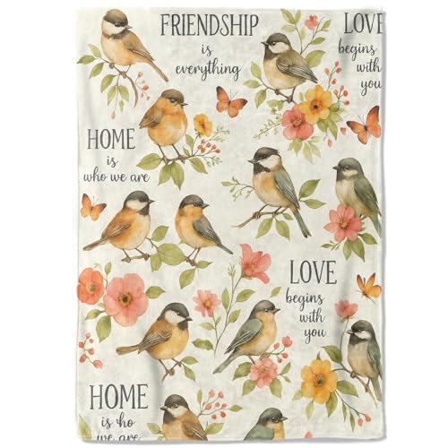 Inspirational Bird and Flower Fleece Blanket,50x60in,Watercolor Style Quotes Throw Blankets,Soft Cozy Lightweight, Ideal for Bed Living Room Home Decor,Women Friends Gifts - color: Birds, size: 50x60 Inch