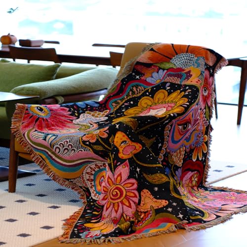 Hippie Flower Boho Throw Blanket for Couch Bed Chair Lounge Hippie Room Decor Reversible Cotton Woven Whimsical Throw Blanket Witchy Room Decor Throws Bed Spread Outdoor Camping Blanket 51x59 Inches - color: Woven Hippie Girl