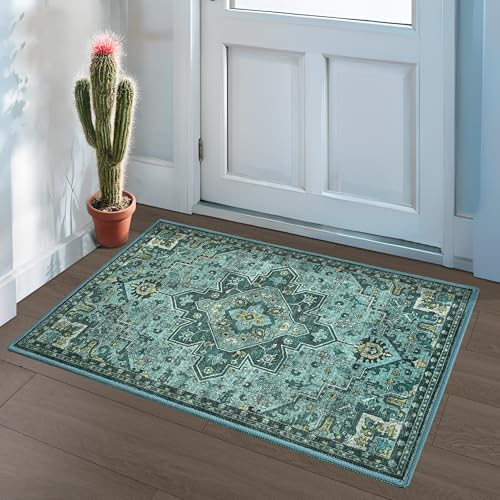 Foxmas Small Rugs for Entryway，2x3 Machine Washable Doormat Indoor Entrance Vintage Rug, Non-Slip Low Pile Throw Rugs for Entryway Bedroom Kitchen Living Room, Teal - color: Teal/Multi, size: 2' X 3' (Rectangular)