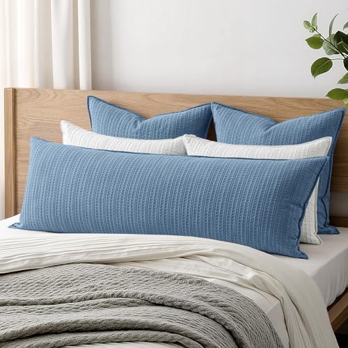 100% Cotton Waffle Weave Body Pillowcase, 1 Pack 20x54 Decorative Body Pillow Cover for Bed Couch Sofa, Neutral Coastal Long Cushion Sham Modern Farmhouse Home Decor, Blue - color: Blue, size: 54" x 20" (Pack of 1)