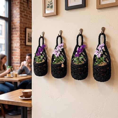 6 Pk Wall Planters for Indoor Macrame Plant Hanger Boho Wall Mounted Flower Baskets Hanging Planter, Plants and Pots are Not Included (Black,4 x 8 Inch) - color: Black, size: 4 x 8 Inch