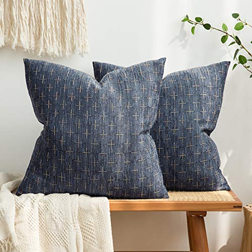 MIULEE Pack of 2 Decorative Burlap Linen Throw Pillow Covers Modern Farmhouse Vintage Pillowcase Rustic Woven Textured Cushion Cover for Sofa Couch Bed 20x20 Inch Blue - color: Blue, size: 20" x 20" (Pack of 2)