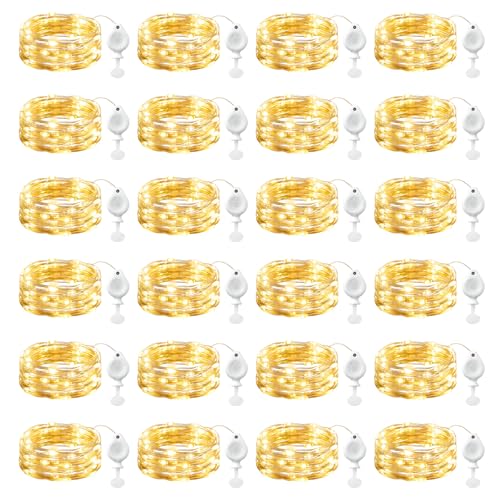 Brightown 24 Pack LED Fairy Lights Battery Operated String Lights, 7ft 20LED Waterproof Silver Wire String Lights, Firefly Starry Moon Lights for Mason Jars DIY Christmas Wedding Party Bedroom - color: Warm White, size: 24 Pack