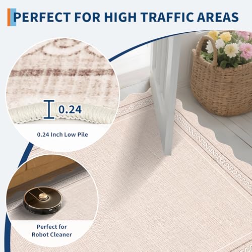 GarveeHome Scalloped 3x5 Washable Rug for Entryway, Super Soft Entryway Rug Non-Slip, Printed Faux Wool Boho 3x5 Area Rug Thin Floor Carpet for Kitchen, Bedroom, Office, Living Room, Beige - color: Beige, size: 3' x 5' (Rectangular)