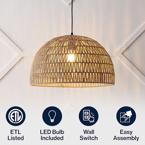 JONATHAN Y 20" Brown Modern Bohemian Woven Rope LED Pendant Light Fixture, Adjustable Dome Ceiling Lamp for Kitchen Island, Rope Shade, Coastal Farmhouse Decor (JYL6504F) - color: Brown, size: 20"