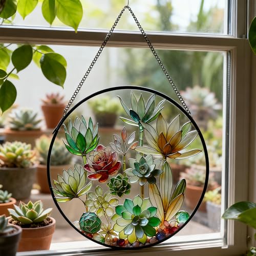 Stained Glass Window Hanging, 9.8'' Succulents Sun Catcher Glass Panel Home Garden Decor with Chain, Green Plants Stained Glass Sunatcher Gift for Nature Lover, Mom, Friends - color: Succulents