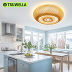 23.6 in Bamboo Woven Rattan-Style Ceiling Light, Boho Ceiling Light Fixture with Remote, LED Dimmable Ceiling Light, Boho Light Fixture for Bedroom Living Room Dining Room Light - size: 23.6in