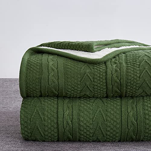Longhui bedding Olive Green Acrylic Cable Knit Sherpa Throw Blanket - Thick, Soft, Big, Cozy Olive Green Knitted Fleece Blankets for Couch, Sofa, Bed - 50 x 63 Inches - color: Olive Green, size: 50" x 63", Standard