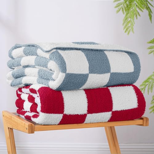 Exclusivo Mezcla Checkered Knit Throw Blanket, Ultra Soft and Warm Reversible Woven Blankets, Cozy Snuggly Throw for Couch Bed and Home Decor, Stone Blue, 50"x60" - color: Stone Blue, size: Throw (50"x60")