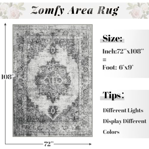 Area Rug 6x9 Vintage Rugs: Washable Indoor Medallion Rug Low Pile Distressed Floor Carpet Retro Accent Rugs for Living Room Bedroom Kitchen Dining Table Home Office(Black, 6'x9') - color: Black, size: 6' x 9' (Rectangular)