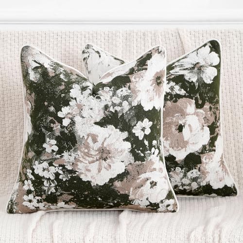 Vintage Floral Throw Pillow Covers 20x20 Set of 2 Neutral Boho Farmhouse Soft Chenille Jacquard Decorative Couch Pillow Covers for Sofa Couch Bed Living Room Home Décor Beige Green - color: Beige Green, size: 20" x 20" (Pack of 2)