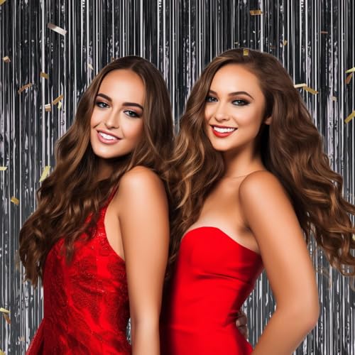 DECOCKRAT 3 Pack Foil Fringe Backdrop - Laser Black Shiny Tinsel Curtains for Party Decoration/Photo Booth Props - 3.3x8.2 FT Metallic Foil Backdrop for Birthday, Wedding, Graduation, Christmas. - color: Laser Black