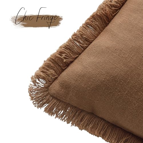 Foindtower Set of 2 Decorative Linen Fringe Throw Pillow Covers Cozy Boho Farmhouse Cushion Cover with Tassels Soft Accent Pillowcase for Couch Sofa Bed Living Room Home Decor,16×16 Inch,Orange Brown - color: Hazel, size: 16" x 16" (Pack of 2)