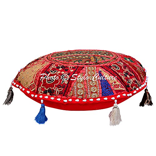Ethnic Round Throw Pillows Vintage Patchwork Floor Cushion Cover Red Throw Pillow 18 Small Decorative Decor Seating Tuffet Seat Pouf Cover Footstool Cotton Embroidered 1 Pc - color: Red