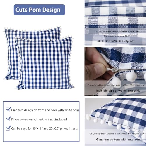 HOPLEE Farmhouse Gingham Pillow Covers Navy Blue Pillow Covers 18x18 Farmhouse Gingham Pillows Covers with Pom Pom for Home Decor 18x18 Inches Set of 2 - color: Navy Gingham Pom, size: 18" x 18" (Pack of 2)