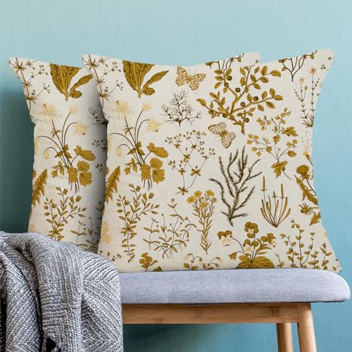 AEIOAE Summer Pillow Covers 16x16 Inch Set of 2,Mustard Yellow Wild Flower Plant Throw Pillows Case,Seasonal Floral Outdoor Decorative Square Linen Farmhouse Decor Cushion Covers for Home Couch - color: Mustard Yellow Wild Floral, size: 16" x 16" (Pack of