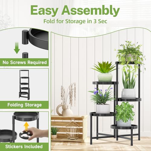 iDavosic.ly 5 Tier Large Plant Stand Indoor with Grow Light, Tiered Corner Metal Outdoor Flower Display Holder Shelf with 10 Inch Wide Tray, Folding Tall Rack for Patio Porch Living Room, Black - color: Black with Lights, size: 5 Tiers