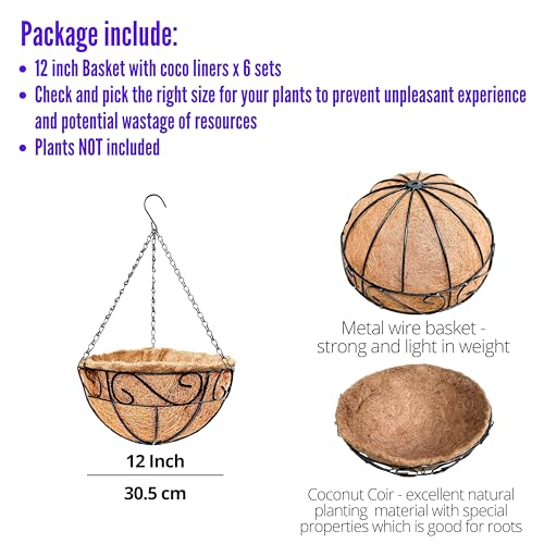 LaLaGreen Hanging Planter for Outdoor Plants (12 Inch, 6 Pack) Hanging Baskets with Coco Liner, Black Metal Wire Flower Basket Pots with Hook Hanger Balcony Porch Farmhouse Country Style Garden Decor - size: 12" x 6 Pack