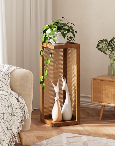 Plant Stand Indoor, 2-Tier Rattan Boho Flower Stands for Home, 26 Inch Tall Natural Wood Corner Plant Shelf, Mid Century Decorative Display Shelves for Living Room,Bedroom,Office,Walnut