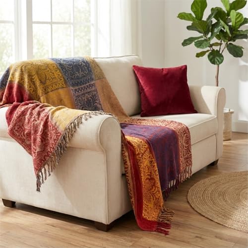 amorus Bohemian Throw Blankets Chenille Jacquard Tassels Soft Chair Cover for Bed Couch Decorative Sofa Throw Blankets - Colorful Tribal Pattern (Red, 60x75 Inches) - color: Colorful Tribal Pattern, size: 60 x 75 in