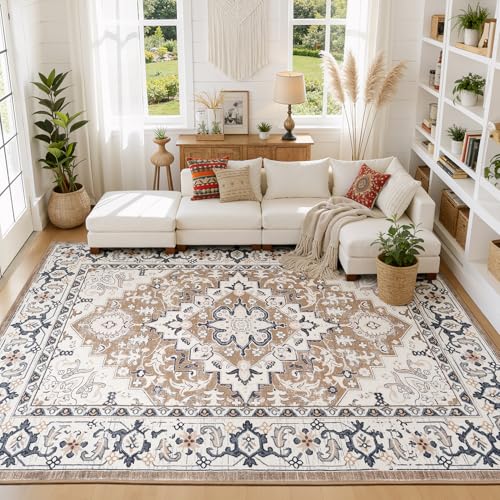 8x10 Area Rugs for Living Room, Floral Vintage Washable Rugs, Soft Boho Non-Slip Low Pile Carpets, Large Area Rug for Dining Room Bedroom Farmhouse Home Indoor Nursery, Brown Cream - color: Brown Cream, size: 8' x 10' (Rectangular)