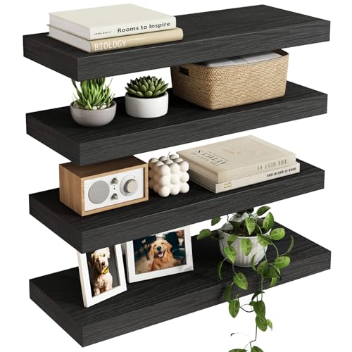 Fixwal Black Floating Shelves for Wall, Rustic Wood Shelves for Bathroom, Living Room, Bedroom and Kitchen, Wall Shelves for Storage, Books, Room Decor (Set of 4, 15.7 Inch) - color: Black, size: 15.7in