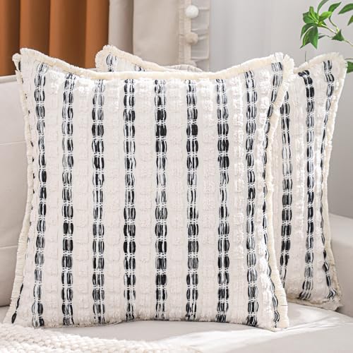 LUOYEHK Chenille Striped Throw Pillow Covers 18x18 Inch Set of 2 Boho Decorative Pillowcases with Fringe Farmhouse Neutral Cushion Covers for Couch Sofa Bed Living Room, Black - color: Black, size: 18" x 18" (Pack of 2)