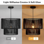 Woven Rattan Pendant Lamp, 16 Inch Large Natural Simple Hand Weaved Coastal Beach Black Rope Hanging Pendant Light Fixture for Dining Room Living Room Bedroom Kitchen Foyer - size: 6528L