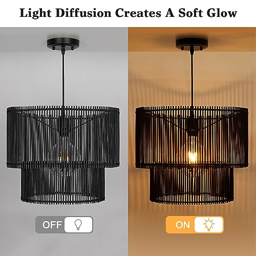 Woven Rattan Pendant Lamp, 16 Inch Large Natural Simple Hand Weaved Coastal Beach Black Rope Hanging Pendant Light Fixture for Dining Room Living Room Bedroom Kitchen Foyer - size: 6528L