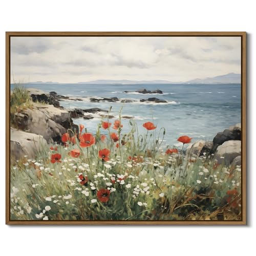 Nature Landscape Wall Art Floral Ocean Theme Pictures Wall Decor Red Poppy Canvas Prints Shoals Coastal Scenery Painting Framed for Living Room Bedroom Bathroom Home Office Decoration Gifts, 8x10 Inch - color: Floral Ocean, size: 10"L x 8"W