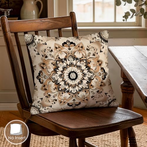 OBSEDE Black Beige Mandala Decorative Throw Pillow Covers 18x18 Set of 4 Faux Linen Cushion Cases Single-Sided Print Boho Geometric Accent Pillows for Living Room Sofa - color: Black Beige Mandala
