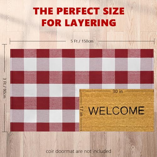 Buffalo Plaid Area Rug, Checkered Rug 3x5 Ft, Red and White Rug, Washable Cotton Mat for Front Porch, Entryway, Kitchen, Living Room, Christmas Decor - color: Red & White, size: 3' x 5' (Rectangular)