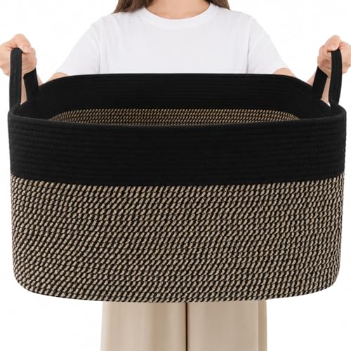 96L Large Blanket Basket,24"x16"x15"Rectangle Storage Bin with Handles,Woven Rope Laundry Basket for Toys, Clothes,Magazines,Home Organization,Nursery,Living Room & Bedroom,Black&Jute - color: Black & Jute, size: 24"x16"x15"(96L)