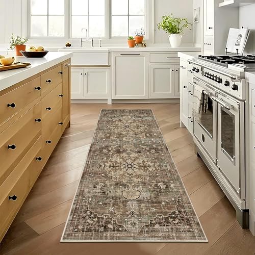 Pauwer Boho Hallway Runner Rug 2x6 Washable Entryway Area Rugs Non Slip Farmhouse Vintage Floor Mat Carpet Runner for Hallways Laundry Room Kitchen Bathroom Bedroom - color: Green and Brown, size: 2' x 6' (Runner)