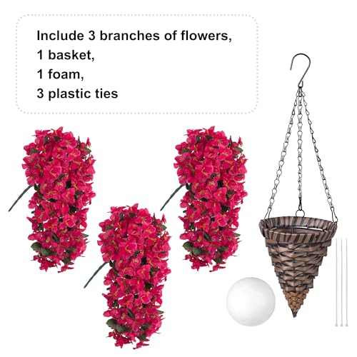 Bougainvillea Artificial Hanging Fake Flowers with Basket for Outdoors Decoration, Faux Silk Flowers UV Resistant Fake Plants Long Vines Realistic for Outside Front Door Balcony Porch Patio, Hotpink - color: Hotpink