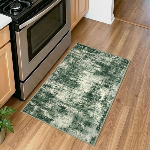 Lansny Abstract Small Area Rug 2x3 Entryway Rugs Washable Indoor Door Mat Entrance, Non Slip Kitchen Rugs, Rubber Backed Throw Rug Printed Faux Wool Floor Carpet for Front Door Foyer Entry Sink, Green - color: Green / Sage / Ivory, size: 2' x 3' (Rectangu