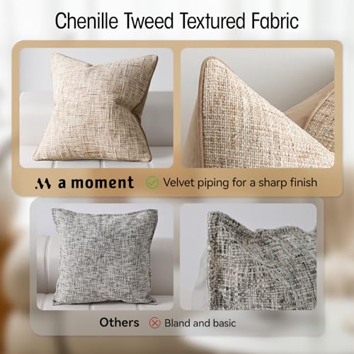 a moment Khaki Reversible Pillow Covers 2 Pack - Farmhouse Chenille Throw Pillows, Neutral Textured Decorative Throw Pillow Covers with Border for Couch Sofa Bed (12x20 Inch, No Insert) - color: Khaki, size: 20" x 12" (Pack of 2)