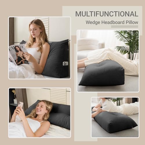 Headboard Pillow Bed Wedge Pillow for Headboard with Side Pockets Dorm Headboard Twin XL Long Back Pillow for Bed Bolster Pillow for Mattress Gap Filler - color: Dark Grey