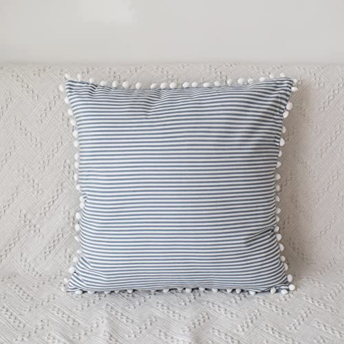 HOPLEE Decorative Blue Stripe Pillow Covers 20x20 Farmhouse Pom Pom Pillows Covers for Home Decor Set of 2 - color: Blue Stripe Pom, size: 20" x 20" (Pack of 2)