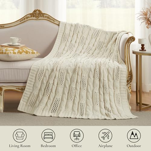 Amélie Home Chunky Knit Throw Blanket, Dual-Sided Soft Chenille Breathable Cable Knitted Blanket for Couch, Farmhouse Decorative Throw for Sofa & Chair, 60"x80", Ivory - color: Ivory, size: Cable Knit 60"x80"
