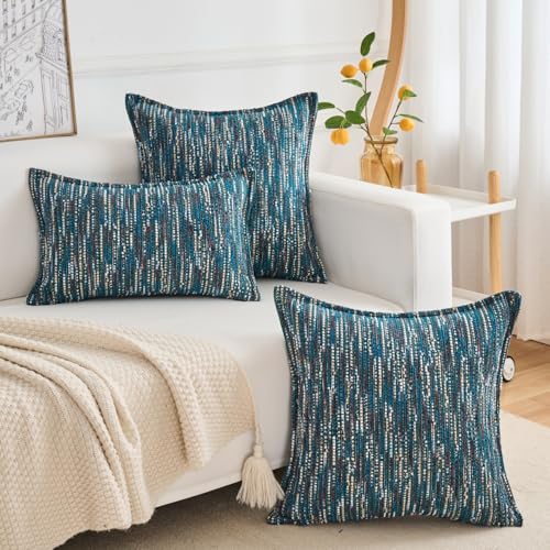 Premium Series Fringe Boho Throw Pillow Cover, Linen Woven Luxury Thick Cushion Case with Tassels for Home Décor, Teal, 18x18 Inch - color: Teal, size: 18" x 18" (Pack of 1)