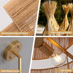 24.2 inch Boho Rattan Chandeliers for Dining Room, 4-Light Large Boho Pendant Light Rustic Drum Chandelier Farmhouse Rattan Light Fixtures for Kitchen Island Foyer Bedroom (Gold), 70.8"H Max