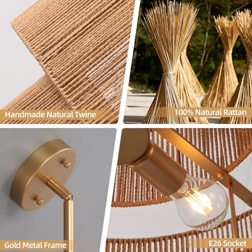 24.2 inch Boho Rattan Chandeliers for Dining Room, 4-Light Large Boho Pendant Light Rustic Drum Chandelier Farmhouse Rattan Light Fixtures for Kitchen Island Foyer Bedroom (Gold), 70.8"H Max