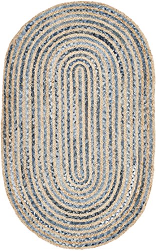 SAFAVIEH Cape Cod Collection Area Rug - 3' x 5' Oval, Natural & Blue, Handmade Flat Weave Jute, Ideal for High Traffic Areas in Living Room, Bedroom (CAP250A) - size: 3' x 5' (Oval)