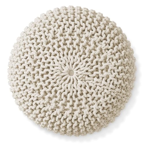 Casafield Round Pouf Ottoman, Natural - 20" Diameter x 14.5" High Cotton Knit Foot Stool - Boho Floor Pouffe for Living Room, Bedroom, Home Office - color: Natural, size: 20"D x 20"W x 14.5"H