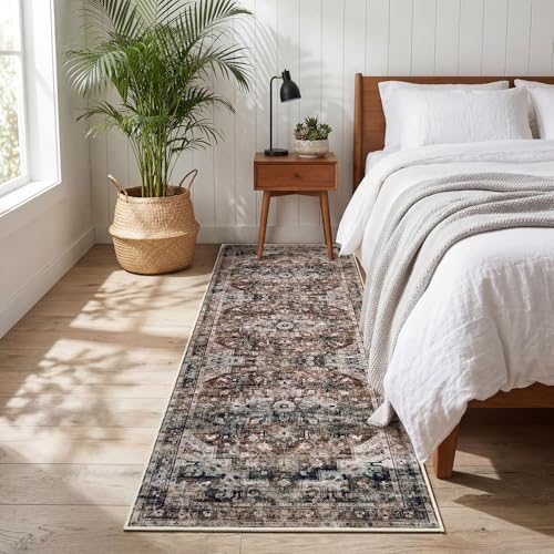 GarveeHome Washable Rug Runner 2x6 Vintage Runners for Hallways Non Slip Low Pile Long Rugs Stain Resistant Kitchen Rug Floral Soft Kitchen Rugs Carpet for Laundry Entryway Bedroom Brown - color: Brown, size: 2' x 6' (Rectangular)