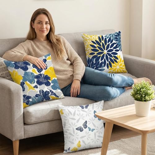COMMINY Navy Blue Yellow Pillow Cover 20x20 Set of 6, Dasiy Dahlia Throw Pillow Covers, Blue Grey Pillow Case, Spring Summer Pillow Cushion Cover for Couch Sofa Home Decor - color: Navy Blue Orange, size: 20" x 20" (Pack of 6)