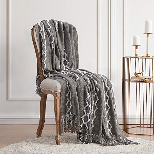 BOURINA Fluffy Chenille Knitted Fringe Throw Blanket Lightweight Soft Cozy for Bed Sofa Chair Throw Blankets, Grey 50" x 60" - color: A-grey, size: 50"×60"