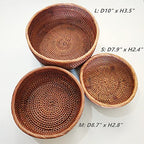 8 Inch Round Rattan Bowl Basket, Handmade Wicker Basket Tray with Scalloped Edge and 3”Deep Wall, Decorative Woven Dark Brown Bread Basket Fruit Bowl Key Holder Table Centerpiece, S - color: S - D7.9 x H2.4 inch